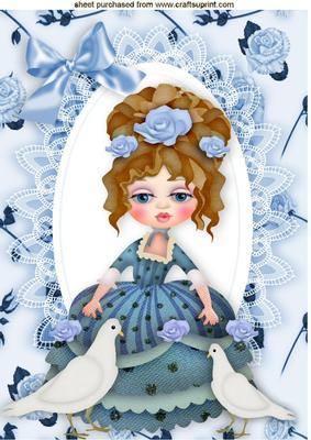 Pretty in Blue Lady with Doves and Roses A4