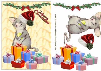 Cheeky Little Mouse with Santa Hat on Christmas Presents Decoupage