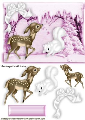 Cute Little Deer with Squirrel in Fantasy Pink Snow