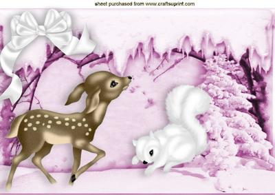 Cute Little Deer with Squirrel in Fantasty Pink Snow A4