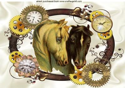 Beautiful Vintage Horses in Clock Steampunk Frame A4