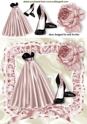 Pink Evening Gown with Shoes in Ruffled Frame with Rose