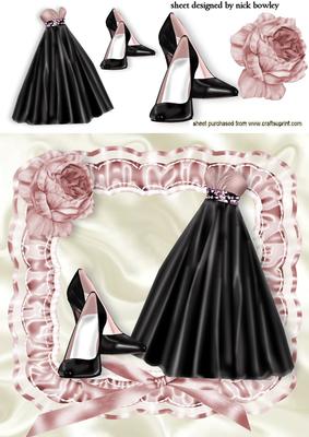 Black Evening Dress with Shoes in Ruffled Frame with Rose