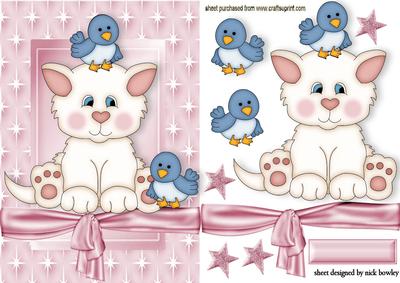 Cute Kitty with Little Blue Birds in a Star Frame