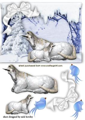 Unicorn with Baby in the Snow with Blue Birds