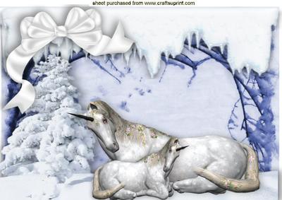 Unicorn with Baby in Snow Scene A4
