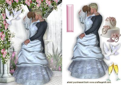 Wedding Couple Kissing with Roses and Champagne