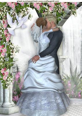 Wedding Couple Kissing with Roses and Doves A4