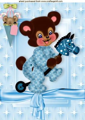 Christmas Teddy on Horsey with Mouse in a Cone A4