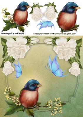 Pretty Bird with Cream Roses and Butterflies