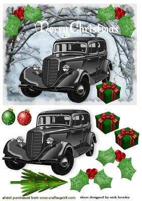 Vintage Car in the Snow with Holly and Presents