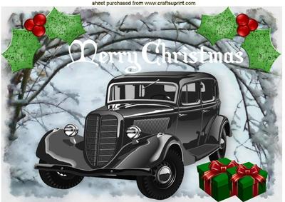 Vintage Car in the Snow with Holly and Presents A4