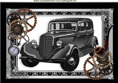 Vintage Car in Steampunk Frame with Pipe and Fobwatch A4