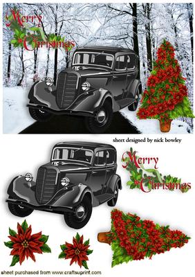 Merry Christmas, with Vintage Car and Poinsettias