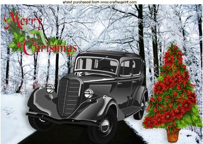 Merry Christmas with Vintage Car and Poinsettias A4