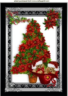 Kitties in Santa Hats with a Christmas Tree and Poinsettias