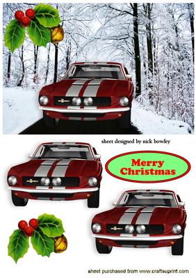 Red Sports Car in Snow Scene with Holly