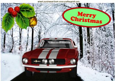 Red Sports Car in Snow Scene with Holly A4