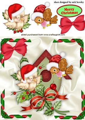 Little Birdies in Santa Hats in a Birdhouse