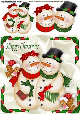 Mr & Mrs Snowman with Cute Little Bird in Santa Hat