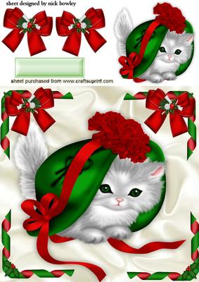 Cute Kitty in Green and Red Bonnet with Bows