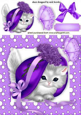 Little Kitten Under a Purple Bonnet with Bow