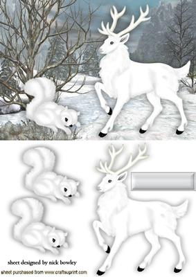 Gorgeous White Stag with White Squirrel in Snow Scene