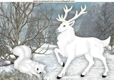 Gorgeous White Stag with White Squirrel in Snow Effect A4