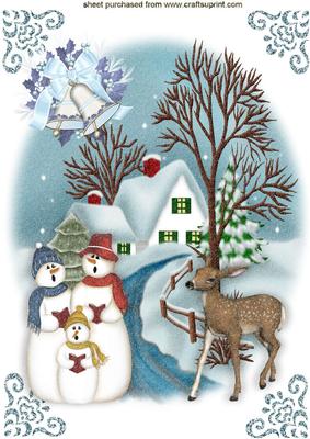 Singing Snowmen with Little Deer in Snow Scene A4