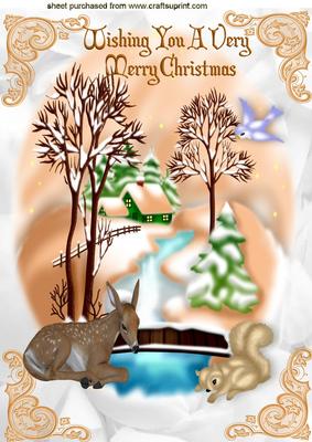 Cute Deer with Squirrel in Pretty Snow Scene A4