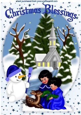 Christmas Blessings with Church Scene and Children A4