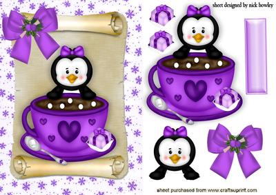 Cute Penguin in a Teacup in Purple on a Scroll