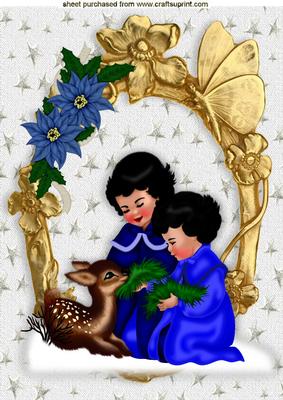 Little Girls with Cute Deer in Gold Ornate Frame A4