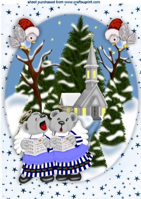 Teddies Carol Singing with Church Snow Scene A4