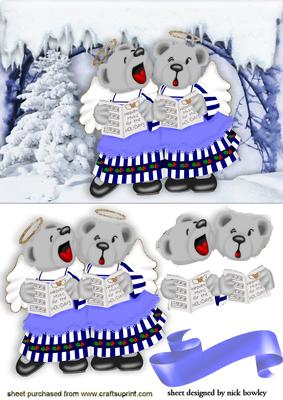 Angel Teddies Carol Singing in Snow Scene
