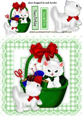 White Kitties in a Sewing Basket with Big Bow