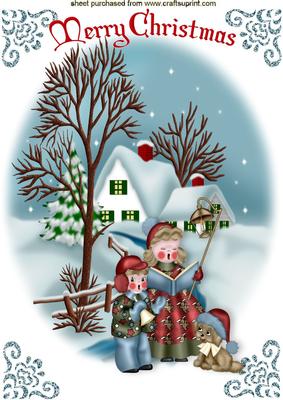 Carol Singers with Little Puppy in Snow Scene A4