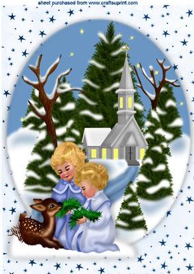 Sweet Children with Little Deer and Church Scene A4