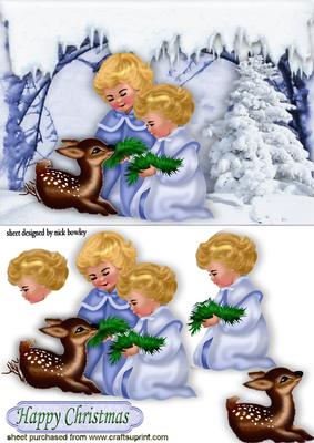 Sweet Children with Little Deer in Snow Scene