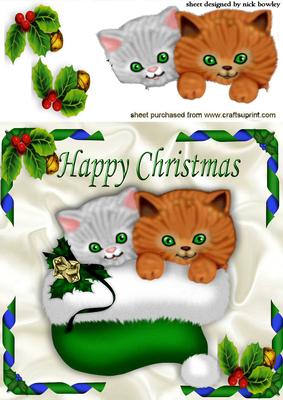 Kitties with Holly in Green Santa Hat