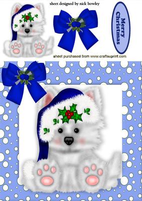 Cute Little Westie in Blue Santa Hat