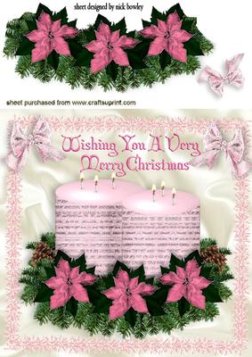Pink Candle with Holly and Bows in Tinsel Frame