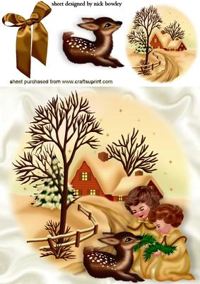 Little Deer with Girls in Autumn Snow Scene