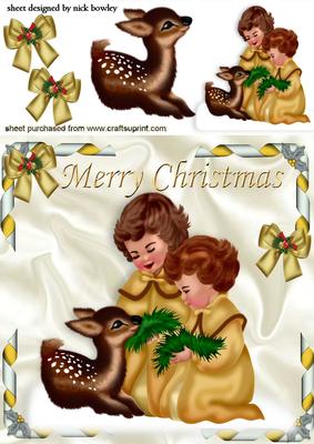 Little Girls with Cute Deer in Autumn Snow with Bows