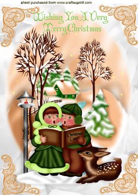 Christmas Carol Singers with Deer Snow Scene A4