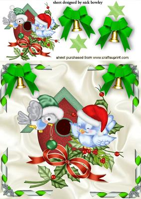 Cute Birds in Bird House with Bells and Stars