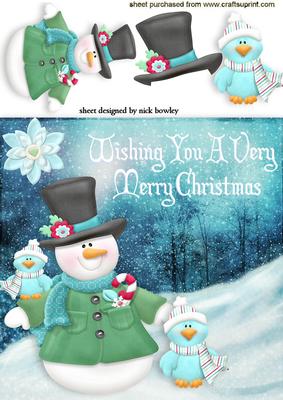 Snowman with Cute Little Birds in the Snow