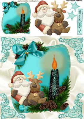 Santa with a Reindeer on a Festive Scroll with Bow
