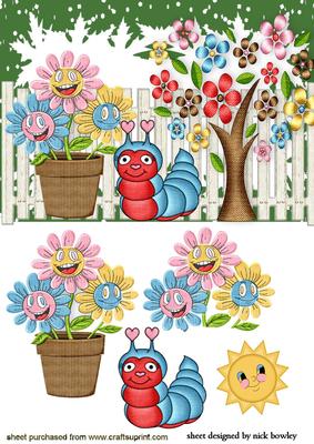 Flower Garden with Smiling Flowers and Caterpillar