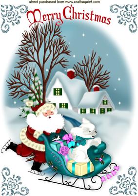 Here Comes Santa with His Sleigh in Snow Scene A4
